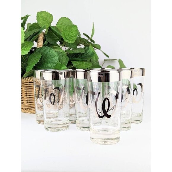 Set of 8 Mid Century Drinkware Mercury Silver Rim Glasses Queen's Lusterware "W" - Picture 4 of 10